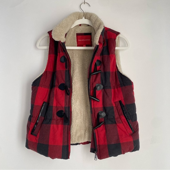 Saks Fifth Avenue Buffalo Check‎ Faux Fur Removable Hooded Vest - Size Medium - Picture 14 of 14
